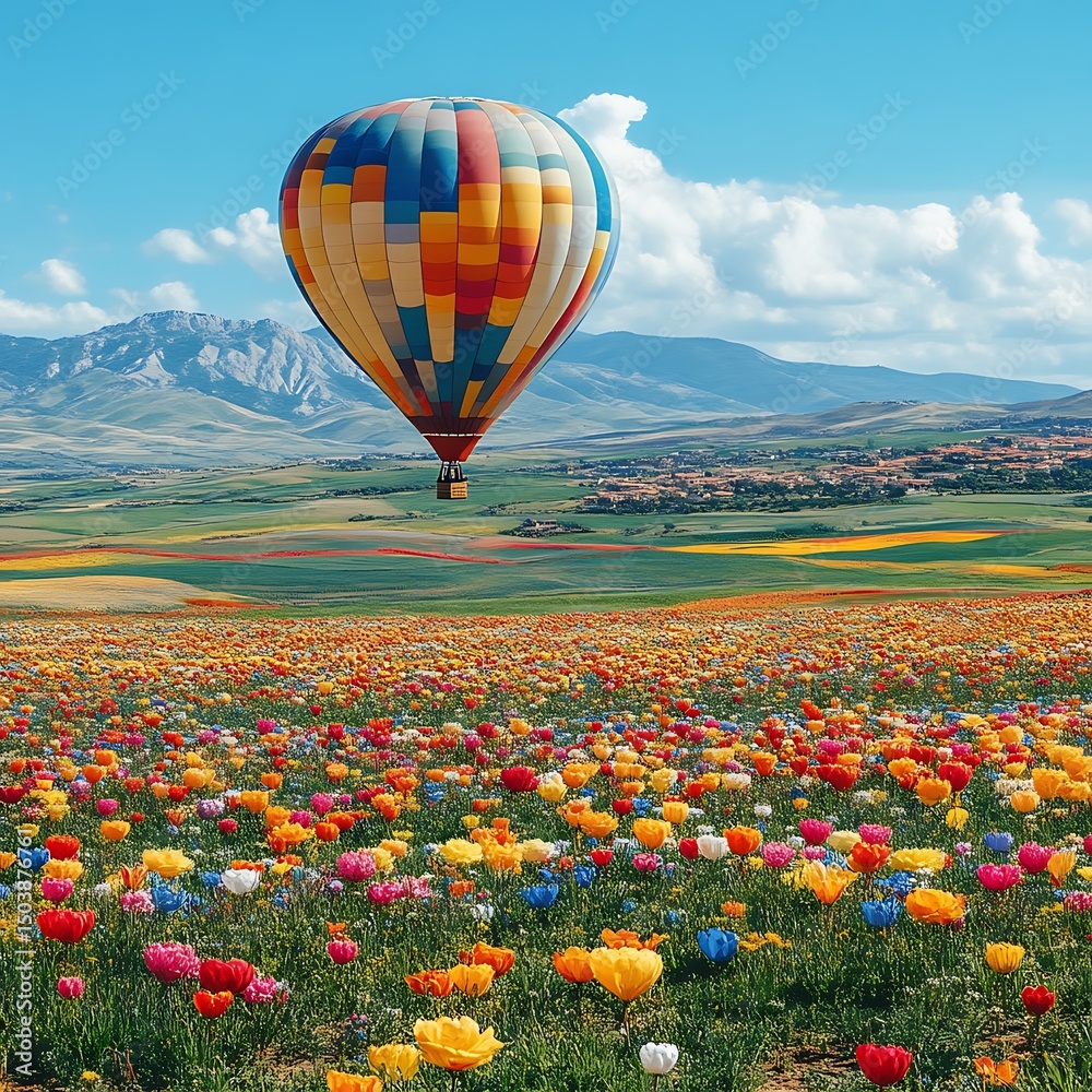 Fototapeta premium Colorful hot air balloon over a vibrant flower field