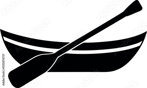 Simple black and white graphic representation of a boat with paddle vector silhouette