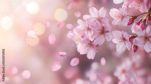 A beautiful pink cherry blossom blooming on branches in spring with delicate flowers and petals in a natural garden setting, a soft pink floral blurred background, Selective focus and copy space