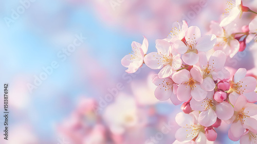 Sakura pink flowers blossoming on branches, beautiful cherry blossom against background of blue sky, dreamy romantic image spring, for nature landscape backgrounds, soft pink floral blurred background