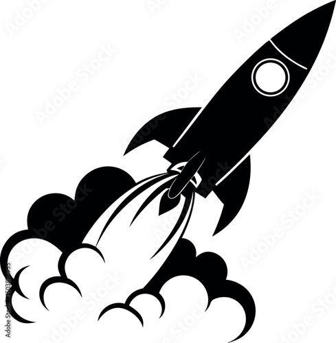Bold black and white rocket ship blasting off with dramatic smoke trail vector silhouette