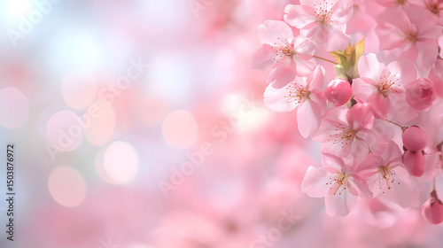A beautiful pink cherry blossom blooming on branches in spring with delicate flowers and petals in a natural garden setting, a soft pink floral blurred background, Selective focus and copy space