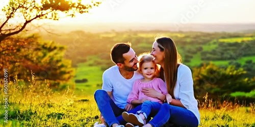 Happy family three golden hour outdoor portrait smiling grassy field wildflowers warm sunlight loving moment mother father daughter nature parenting child couple bonding outing picnic happy laughing