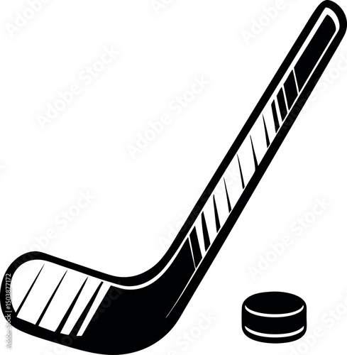 Black and white graphic of a hockey stick and hockey puck vector silhouette