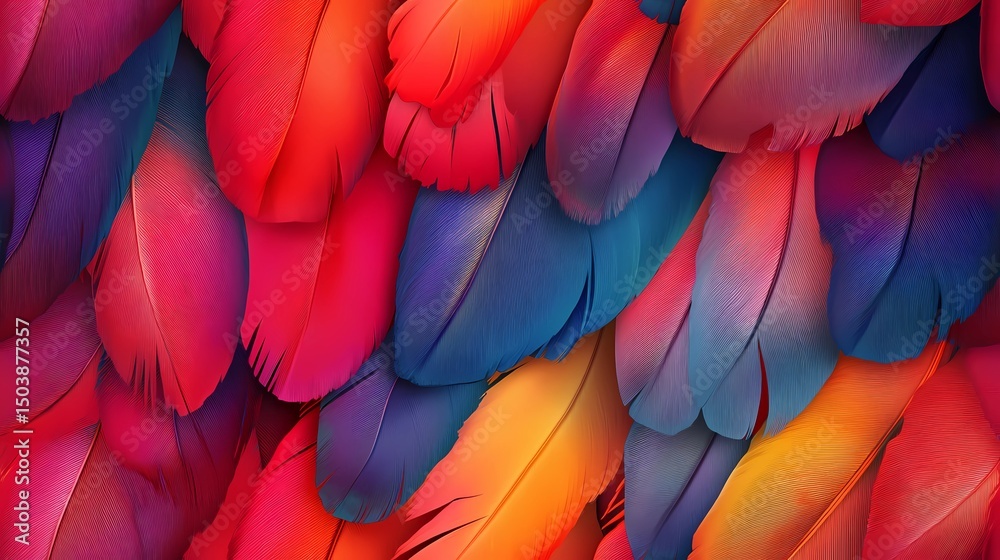 Obraz premium Seamless texture showing layered parrot feathers in bright tones, ideal for bold surface decoration and textile design.