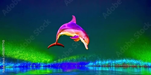 Dolphin jumping out of water. Dolphin leaping vibrant water colorful light display playful performance aquatic joy dynamic splash bright eyes staged show energy green screen dancing on air swimming