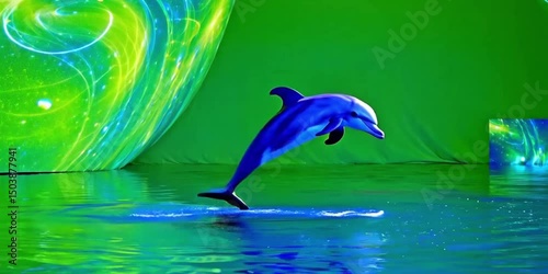 Dolphin jumping out of water. Dolphin leaping vibrant water colorful light display playful performance aquatic joy dynamic splash bright eyes staged show energy green screen dancing on air swimming