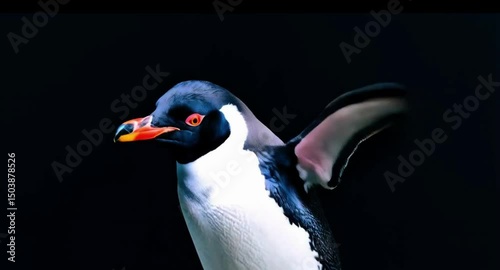 Penguin outstretched wings dynamic pose black-white plumage orange-beaked striking display isolated black background wildlife action shot dancing jumping playful wild bird funny behavior video