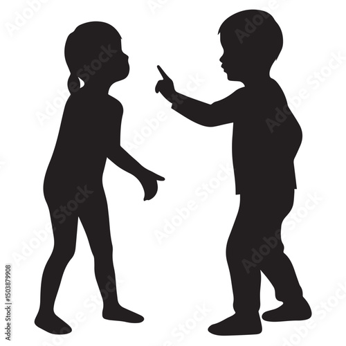 Silhouette of Two Kids Arguing or Fighting, Children Dispute Vector, Boy Conflict Illustration, Childhood Aggression Clip Art