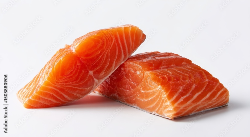 Two fresh raw salmon fillets sliced on white background. Professional food photography with studio lighting for culinary or seafood marketing. Two fresh raw salmon fillets sliced on white background. Professional food photography with studio lighting for culinary or seafood marketing.