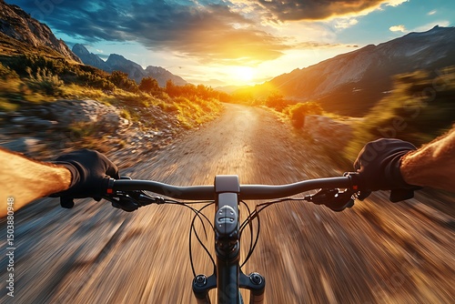 At sunset, the cyclist speeds along the mountain path, enjoying the adventure outdoors