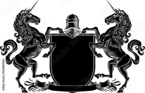 A heraldry crest unicorn horse family coat of arms heraldic shield emblem design in an old medieval vintage style