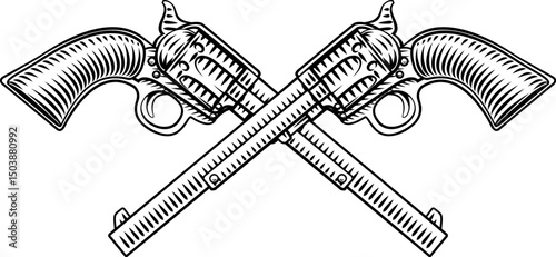 Crossed western cowboy gun pistol revolvers illustration in a vintage woodcut style