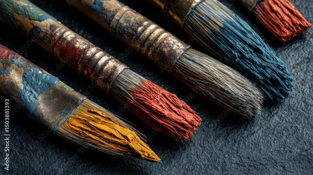 Fototapeta premium Paintbrushes with Paint on Dark Surface