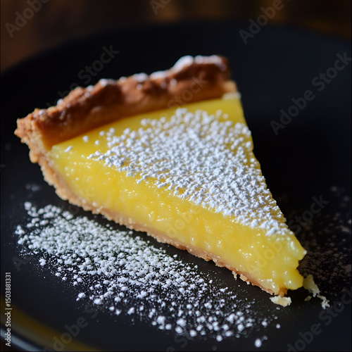 Bright lemon tart slice with powdered sugar on black plate