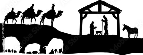A Christmas nativity scene with baby Jesus in the manger and wise men a