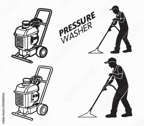 Vector silhouette illustration of a construction worker with a shovel and tools