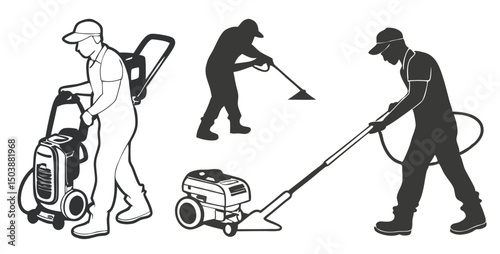 Cleaning woman and child with vacuum cleaner vector silhouette illustration