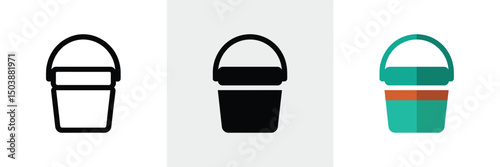 Bucket Icon Set, Water Pail Symbol, Gardening Tool, Outline, Solid, Colored