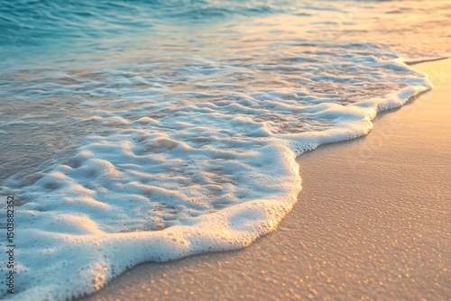 Gentle sea waves softly lap against the golden beach at sunset in tranquil sunlight