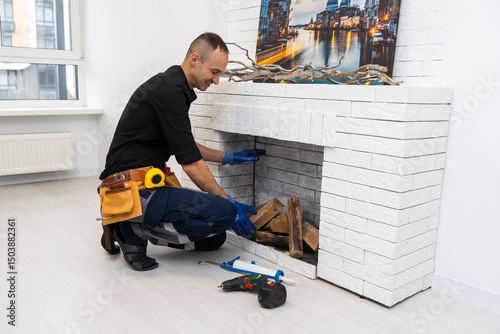 Worker building brick stove or fireplace checking it with spirit level