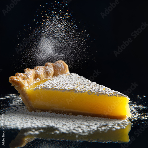 Lemon tart slice with powdered sugar on dark background