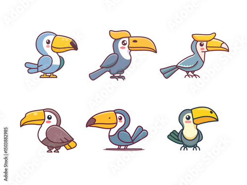 Cute Hornbill Cartoon Vector Set – Adorable Tropical Bird Characters in Kawaii Style for Kids, Jungle Themes, and Wildlife Illustration Projects