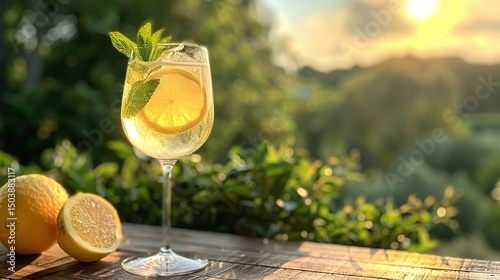 A close-up of a Hugo Spritz recipe glasses on a wooden board with a background of nature and room for text, Generative AI.
