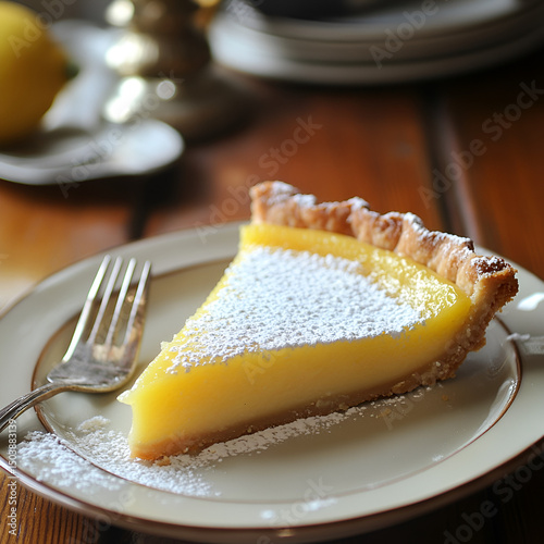 Lemon Tart Slice with Powdered Sugar on Plate in Warm Natural Light

