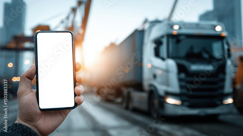hand holding phone with blank white screen. truck kargo with blue sky background, clean lighting 