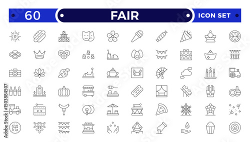 Fair icons such as fireworks, candy, balloons, cards, mole, fair, windmill vector thin icons for report, presentation, diagram, web design, mobile app.