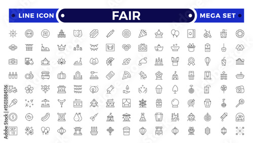 Fair icons such as fireworks, candy, balloons, cards, mole, fair, windmill vector thin icons for report, presentation, diagram, web design, mobile app.