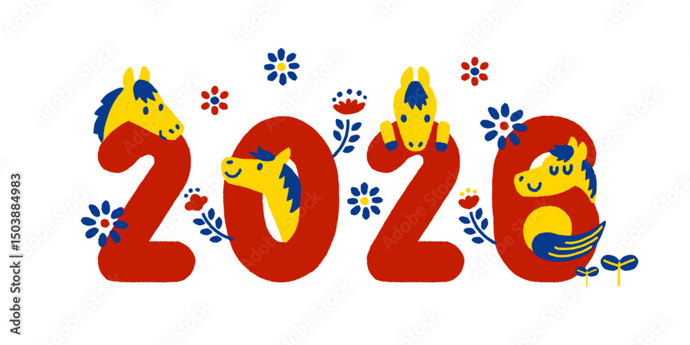 Naklejka premium 2026年 午年の年賀状素材 白馬のイラストモチーフ かわいい