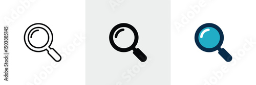 Magnifying Glass Icons Outline, Solid Black and Blue Version on White Background