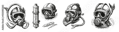 Vintage Diving Equipment Illustrations of Masks and Helmets
