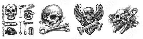 Vintage Motorcycle Skull Art with Grunge Elements and Retro Style