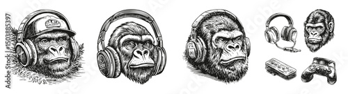 Engaging Gorillas with Headphones and Gaming Accessories Illustrations