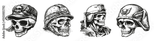 Detailed Vector Illustrations of Soldier Skulls for Tattoo Designs