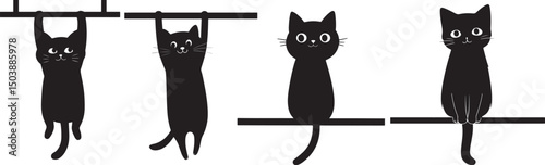 Cute Black Cat Silhouette Vector Set – Hanging and Sitting Kitty Illustrations

