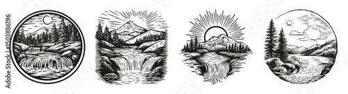Scenic Black and White Illustrations of Water and Mountain Landscapes