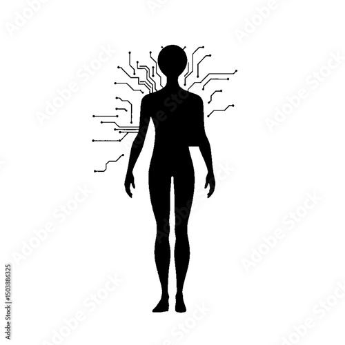 Futuristic human circuit illustration representing the integration of technology and biology. A sleek and modern vector design perfect for themes like AI, transhumanism, robotics, and digital health. 