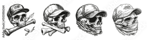 Detailed Skull Designs Featuring Caps, Baseball Bat and Bandanas