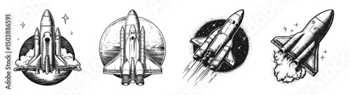 Retro Space Shuttle Illustrations with Rocket Ships and Launch Designs