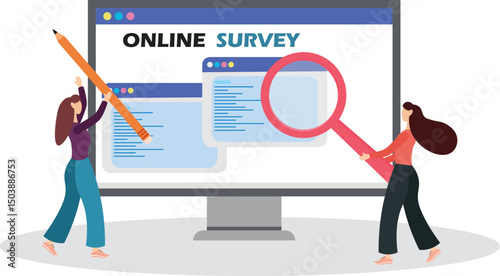 Online Survey, Customer Feedback, Service Rate, Voting Concept. Tiny Male and Female Characters with Pencil and Magnifier Filling Digital Form on Huge Laptop Screen. Cartoon People Vector Illustration