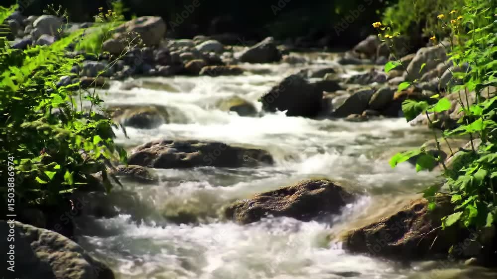 Fast-flowing stream with rocks and greenery Fast-flowing stream with rocks and greenery