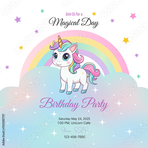 Birthday party invitation. Template. Cute unicorn on a rainbow background. Vector illustration