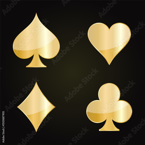 Golden symbols of playing cards. Spades, clubs, hearts, diamonds. Vector illustration