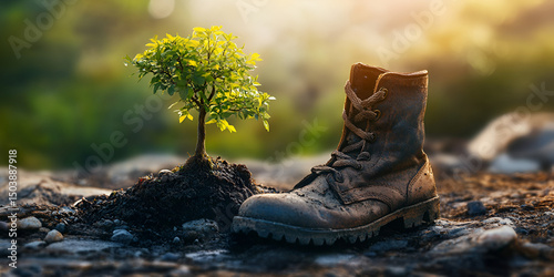 Young Tree Growing Beside Old Boot as Eco Symbol of Renewal and Nature

