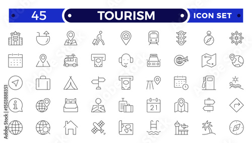 Travel and tourism outline icon set. Airplane, trip, beach, passport, summer vacations, luggage, camping, hotel. Collection of traveling and tourism elements.