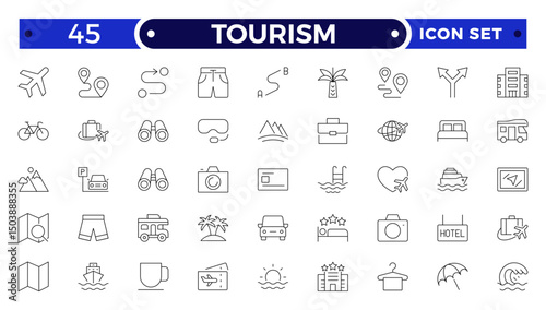 Travel and tourism outline icon set. Airplane, trip, beach, passport, summer vacations, luggage, camping, hotel. Collection of traveling and tourism elements.